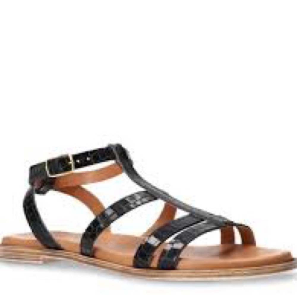 Bella Vita Made In Italy Black Croc Embossed Gladiator Strappy Flat Sandals‎ 8W